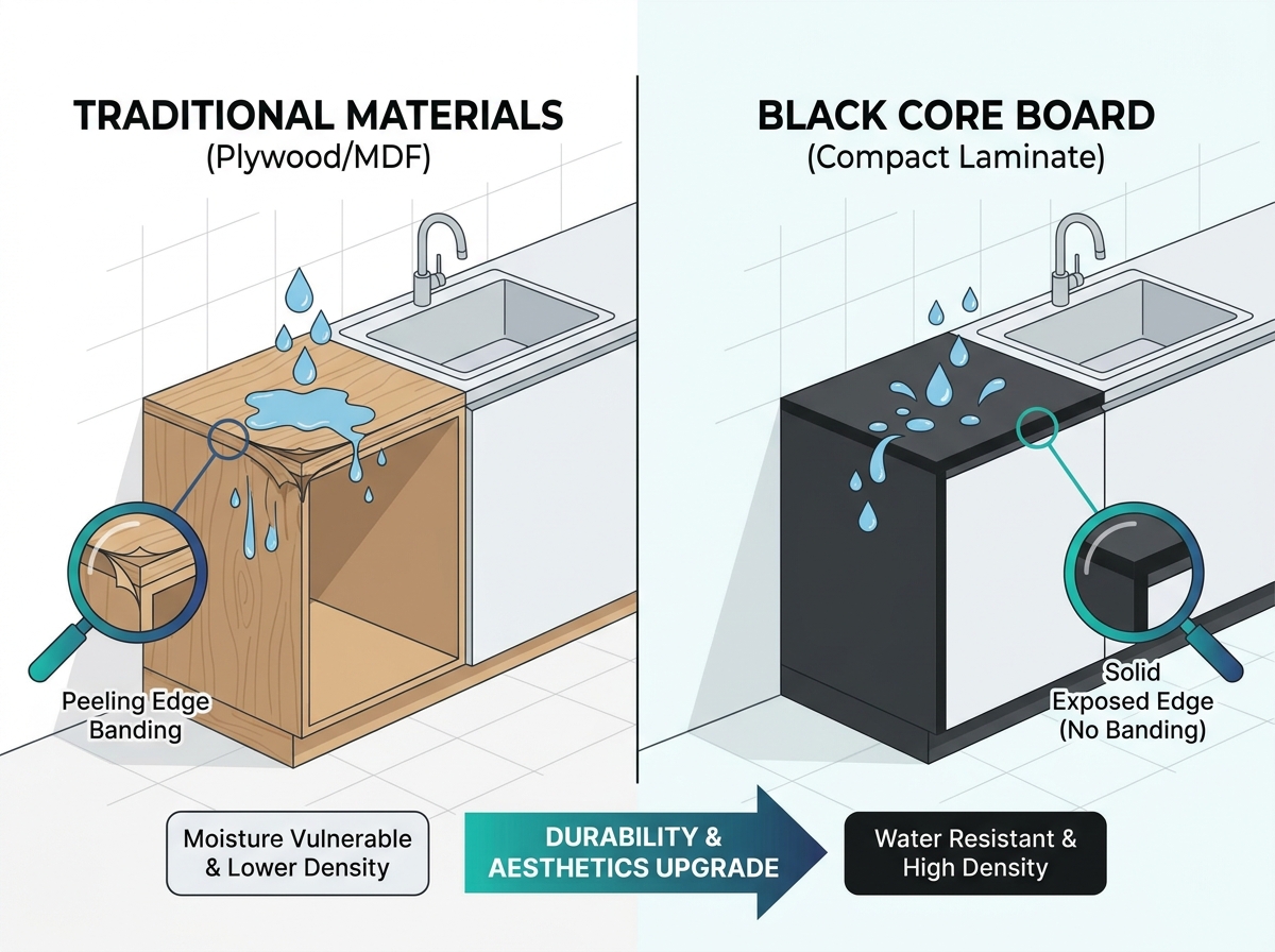 Black core board for kitchen cabinets and furniture applications