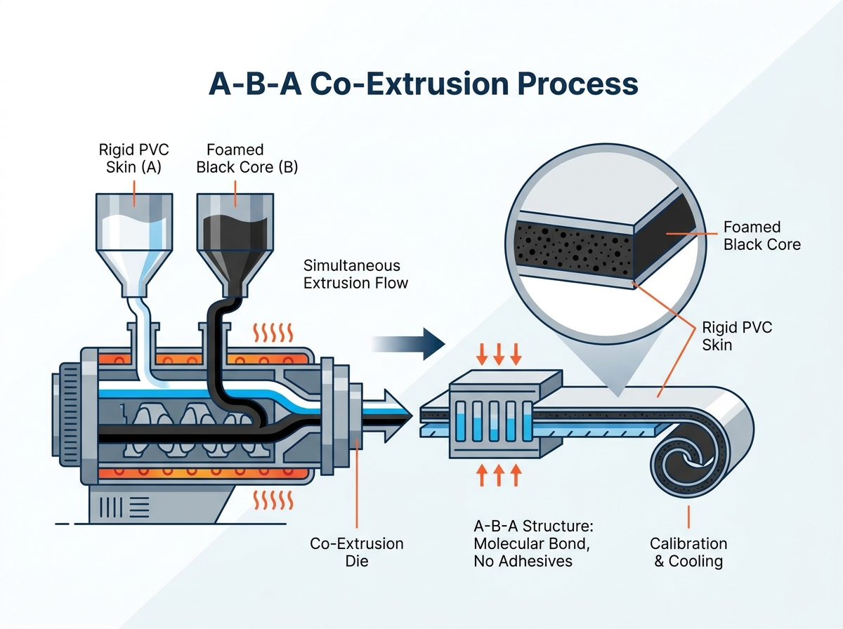 Black core PVC co-extrusion board cross section and factory production line quality check